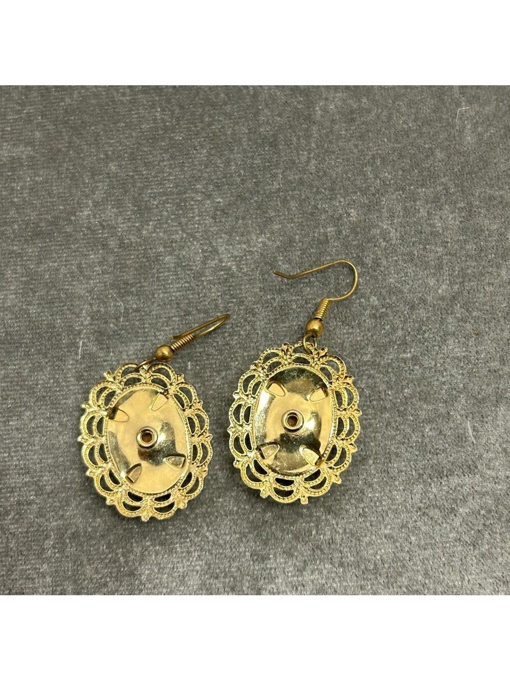 Gold Tone Flower Cat Eye Oval Dangling Earrings View 5